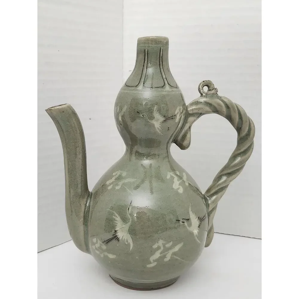 Vintage Korean Goryeo Style Celadon Ewer Crane Double Gourd Teapot Pitcher